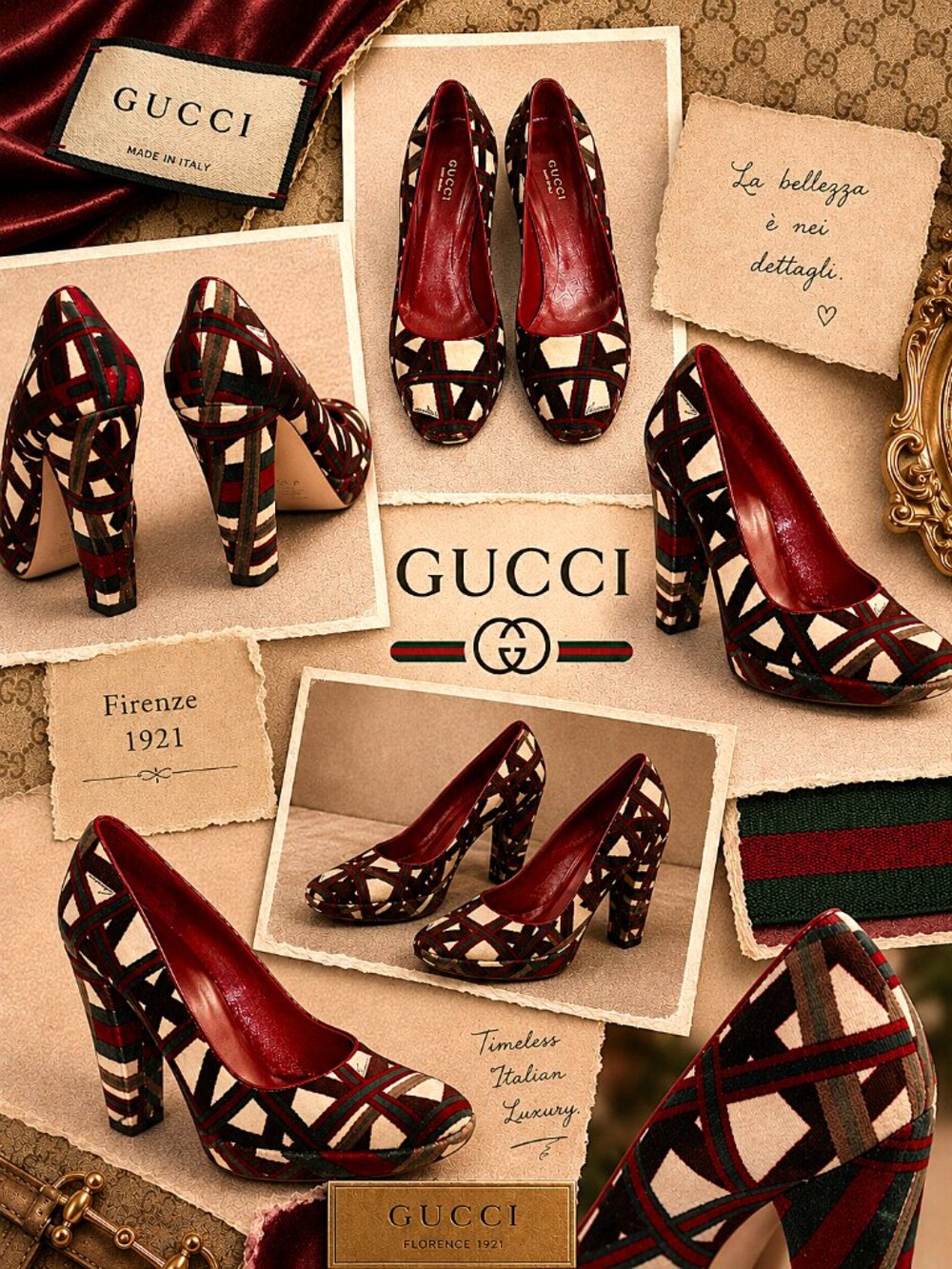Gucci Velvet Retro Geometric Cream Maroon Green Signed Platform Pumps Size 6